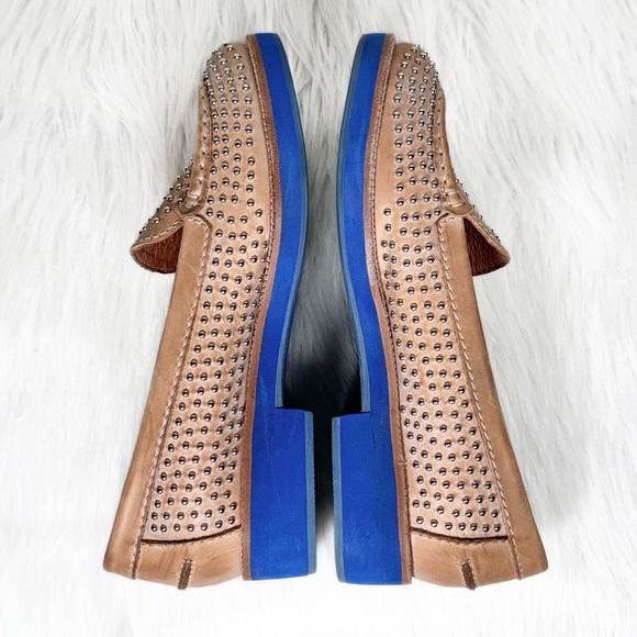 Jeffrey Campbell Tan Leather Silver Studded Blue Sole Slip On Chunky Loafer Flat - Picture 7 of 14